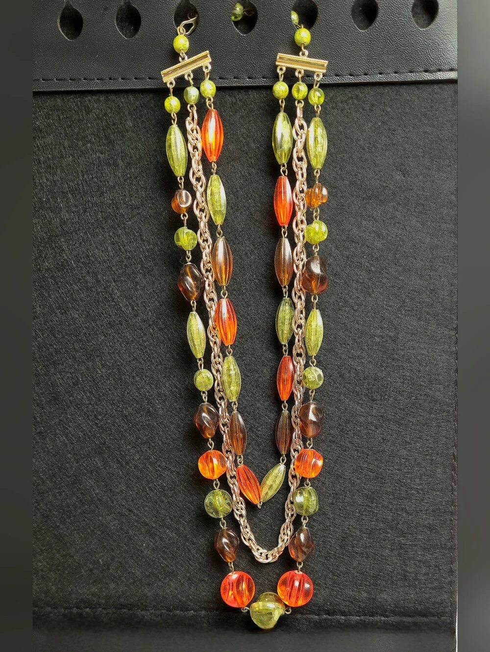 Vintage Orange Green & Brown Acrylic Beaded Multi Strand Necklace 1950s Germany